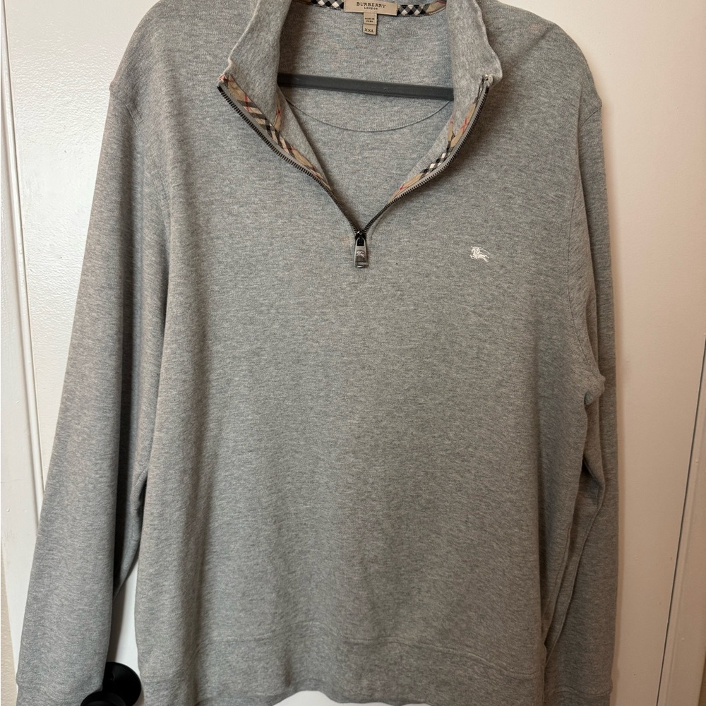 Burberry Gray Zip Up Sweater with Stand-Up Collar